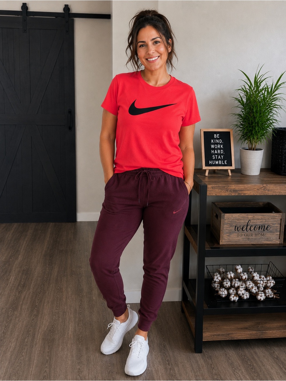 Nike women’s coral  Tee with Maroon Joggers  Set